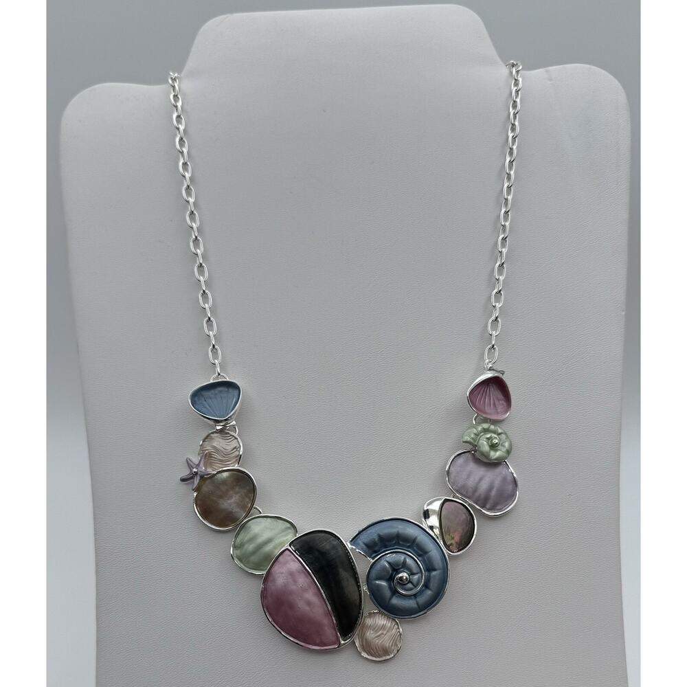 Beach Enamel Necklace Ocean Nautical Multicolor Starfish Shells Silver Tone